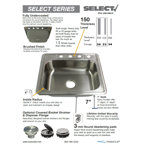 Transolid Select 33in x 22in 20 Gauge Drop-in Double Bowl Kitchen Sink with 3 Faucet Holes