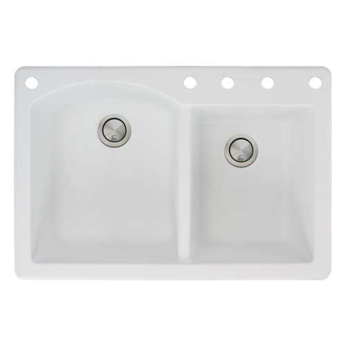 Transolid Aversa 33in x 22in silQ Granite Drop-in Double Bowl Kitchen Sink with 5 BACDE Faucet Holes, In White
