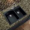 Transolid Aversa 33in x 22in silQ Granite Drop-in Double Bowl Kitchen Sink with 4 BACD Faucet Holes, In Black