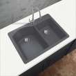 Transolid Aversa 33in x 22in silQ Granite Drop-in Double Bowl Kitchen Sink with 1 B Faucet Hole, In Grey