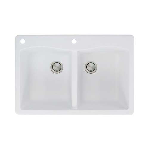 Transolid Aversa 33in x 22in silQ Granite Drop-in Double Bowl Kitchen Sink with 2 CA Faucet Holes, In White