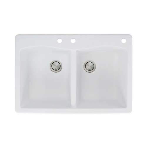 Transolid Aversa 33in x 22in silQ Granite Drop-in Double Bowl Kitchen Sink with 3 CBE Faucet Holes, In White