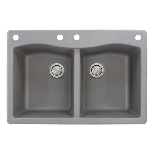 Transolid Aversa 33in x 22in silQ Granite Drop-in Double Bowl Kitchen Sink with 4 CABE Faucet Holes, in Grey