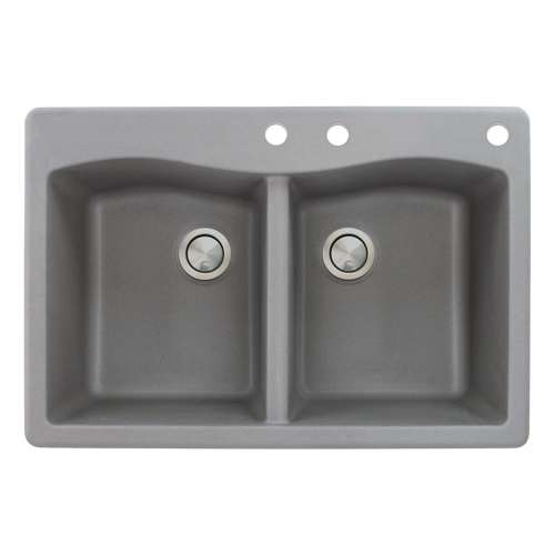 Transolid Aversa 33in x 22in silQ Granite Drop-in Double Bowl Kitchen Sink with 3 CDE Faucet Holes, in Grey