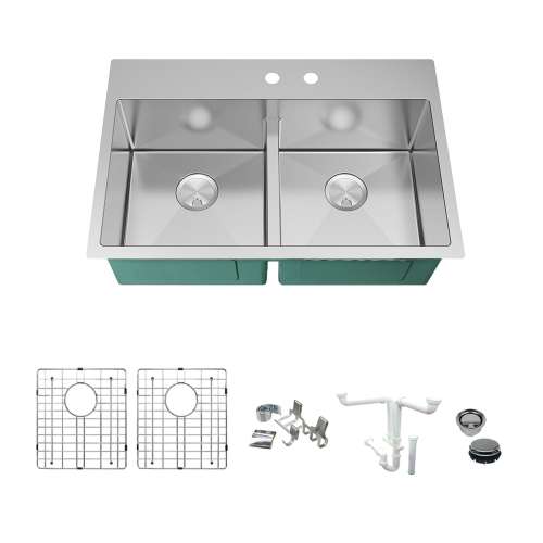 Transolid KKM-DTDE332210-MR2 Diamond Sink Kit with Equal Double Bowls, 2 Pre-Drilled Holes, Magnetic Accessories Kit, and Drain Kit