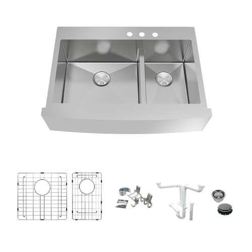 Transolid KKM-DTDOF362510-3 Diamond Sink Kit with Farmhouse Style 60/40 Double Bowls, 3 Pre-Drilled Holes, Magnetic Accessories Kit, and Drain Kit