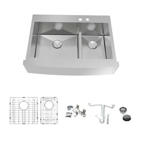 Transolid KKM-DTDOF362510-MR2 Diamond Sink Kit with Farmhouse Style 60/40 Double Bowls, 2-Pre Drilled Holes, Magnetic Accessories Kit, and Drain Kit