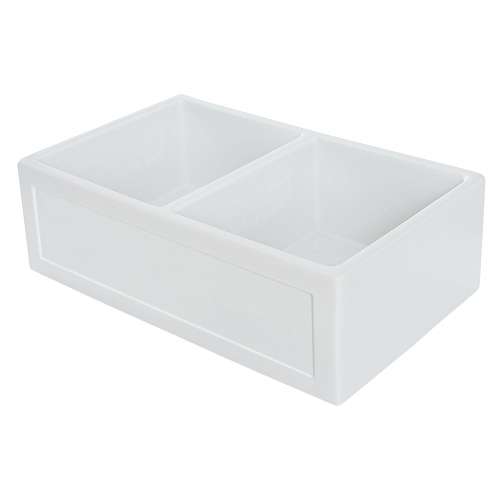 Transolid Abilene 33in x 20in Undermount Double Bowl Farmhouse Fireclay Kitchen Sink with Reversible (Country/Plain) Front, in White