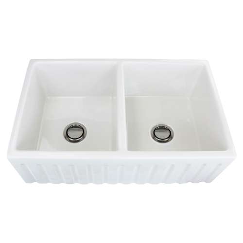 Transolid Logan 33in x 20in Undermount Double Bowl Farmhouse Fireclay Kitchen Sink with Reversible (Fluted/Plain) Front, in White