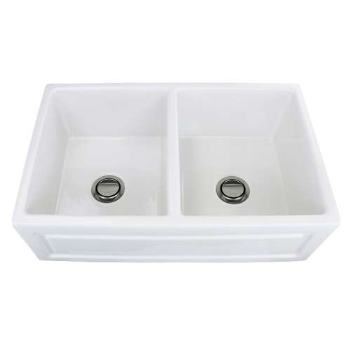 Transolid Versailles 33in x 20in Undermount Double Bowl Farmhouse Fireclay Kitchen Sink with Reversible (French/Fluted) Front, in White