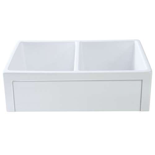 Transolid Aries 33in x 20in Undermount Double Bowl Farmhouse Fireclay Kitchen Sink with Reversible (Roman/Plain) Front, in White