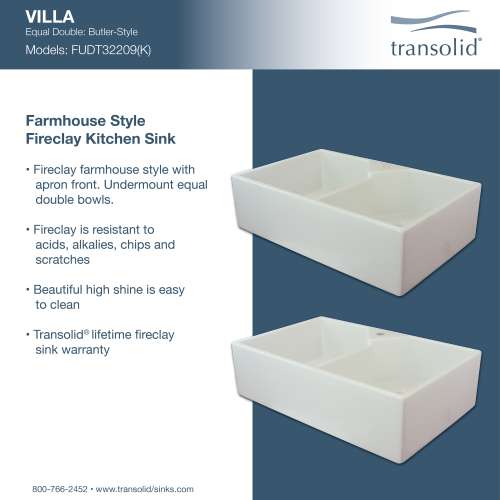 Transolid Villa Butler 32in x 20in Undermount Double Bowl Farmhouse Fireclay Kitchen Sink, 1 hole, in White
