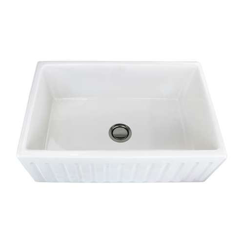 Transolid Logan 30in x 20in Undermount Single Bowl Farmhouse Fireclay Kitchen Sink with Reversible (Fluted/Plain) Front, in White