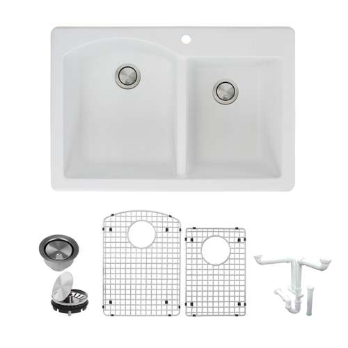 Transolid Aversa Granite 33-in Drop-In Kitchen Sink Kit with Grids, Strainers and Drain Installation Kit in White