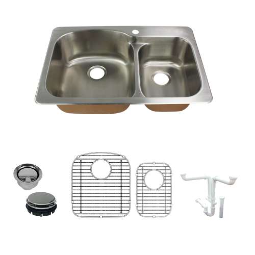 Transolid Classic 33in x 22in 18 Gauge Drop-in Double Bowl Kitchen Sink with 1-Hole with Grids, Strainer, Disposer Strainer, Installation Kit