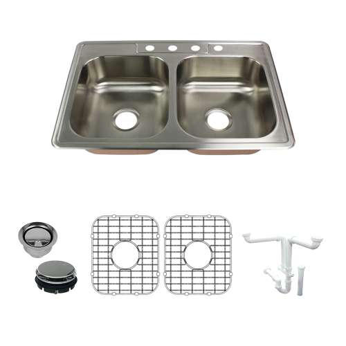 Transolid Classic 33in x 22in 18 Gauge Drop-in Double Bowl Kitchen Sink with 4-Holes with Grids, Strainer, Disposer Strainer, Installation Kit