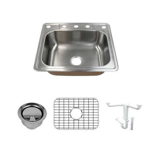 Transolid Classic 25in x 22in 18 Gauge Drop-in Single Bowl Kitchen Sink with 5-Holes with Grids, Strainer, Installation Kit