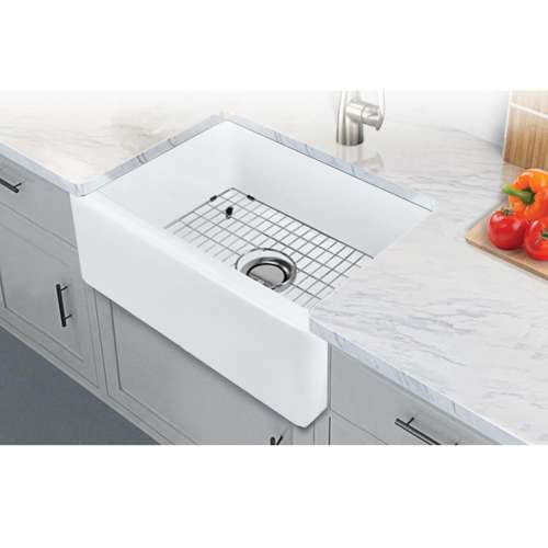 Transolid Porter 24in x 18in Undermount Single Bowl Farmhouse Fireclay Kitchen Sink, in White with Grid, Strainer, Installation Kit