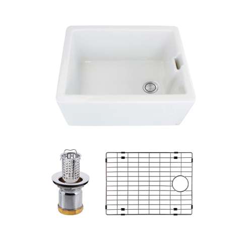 Transolid Quinn Belfast 24-in x 20-in Undermount Single Bowl Farmhouse Fireclay Kitchen Sink with Channeled Overflow, in White with Grid, Strainer, Installation Kit