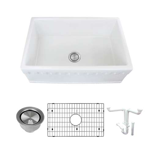 Transolid Covington 30in x 20in Undermount Single Bowl Farmhouse Fireclay Kitchen Sink with Reversible (English/Plain) Front, in White with Grid, Strainer, Installation Kit