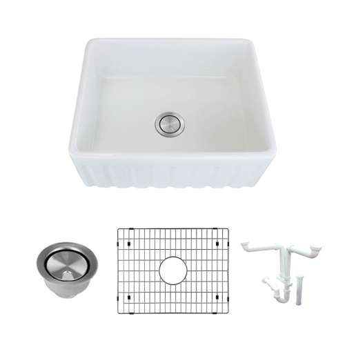 Transolid Logan 24in x 19in Undermount Single Bowl Farmhouse Fireclay Kitchen Sink with Reversible (Fluted/Plain) Front, in White with Grid, Strainer, Installation Kit