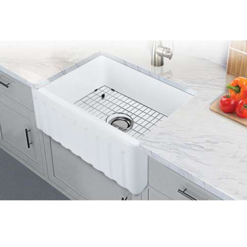 Transolid Logan 24in x 19in Undermount Single Bowl Farmhouse Fireclay Kitchen Sink with Reversible (Fluted/Plain) Front, in White with Grid, Strainer, Installation Kit