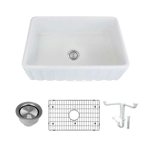 Transolid Logan 30in x 20in Super Undermount Single Bowl Farmhouse Fireclay Kitchen Sink with Reversible (Fluted/Plain) Front, in White with Grid, Strainer, Installation Kit
