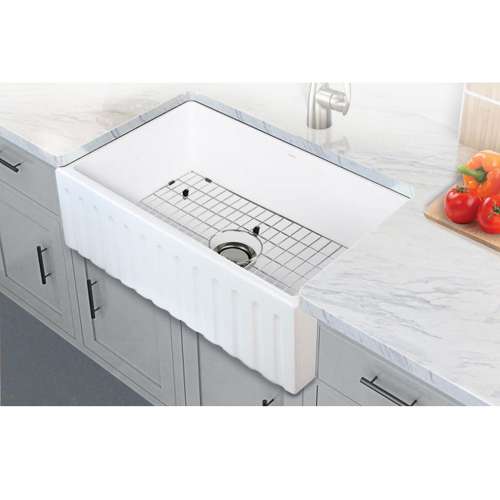 Transolid Logan 30in x 20in Super Undermount Single Bowl Farmhouse Fireclay Kitchen Sink with Reversible (Fluted/Plain) Front, in White with Grid, Strainer, Installation Kit