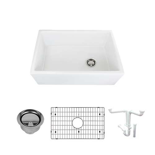 Transolid Fireclay Villa 30-in Farmhouse Kitchen Sink Kit with Grid, Strainer, Installation Kit