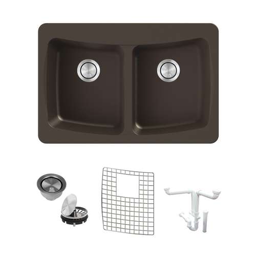 Transolid Genova 33in Granite Equal Double Bowl Dual-Mount 1-Hole Kitchen Sink with Grid, Strainer, Disposer Strainer, Installation Kit