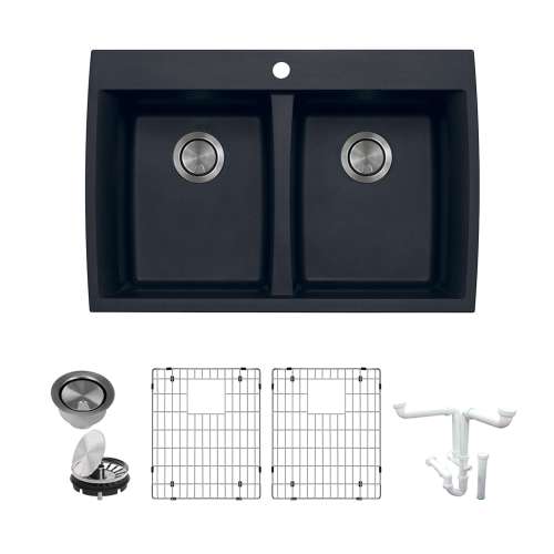 Transolid Genova 33in Granite Equal Double Bowl Dual Mount 1-Hole Kitchen Sink with Grids, Strainer, Disposer Strainer, Installation Kit