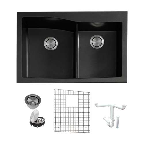 Transolid Genova 33in Granite Offset Double Bowl Dual Mount 1-Hole Kitchen Sink with Grid, Strainer, Disposer Strainer, Installation Kit