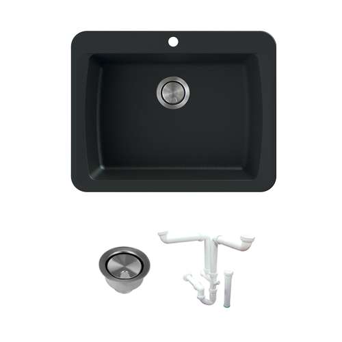 Transolid Genova 25in Granite Single Bowl Dual Mount 1-Hole Kitchen Sink with Strainer and Installation Kit
