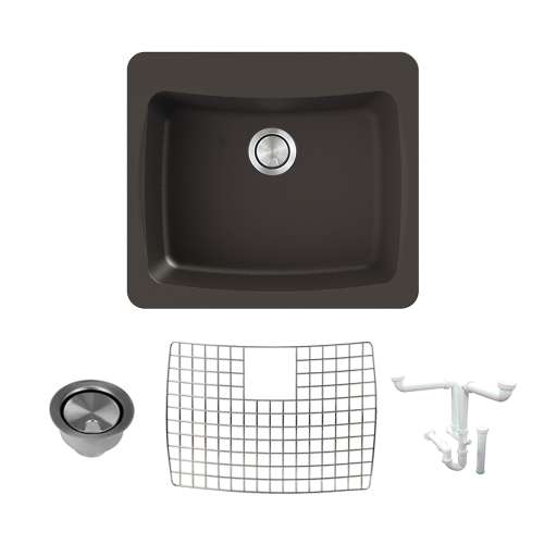 Transolid Genova 25in Granite Single Bowl Dual Mount 1-Hole Kitchen Sink with Grid, Strainer and Installation Kit