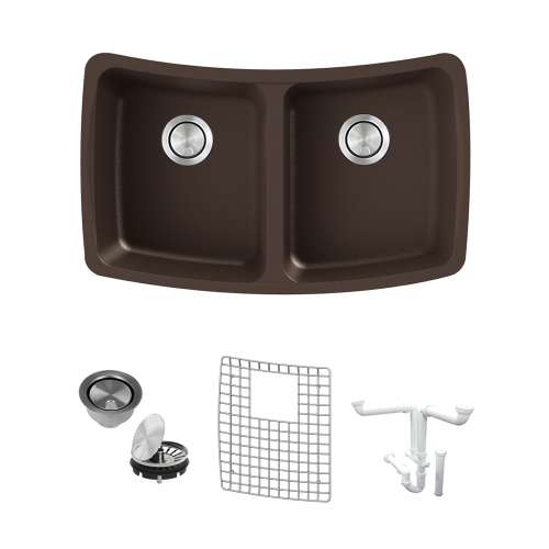 Transolid Genova 33in Granite Equal Double Bowl Undermount Kitchen Sink with Grid, Strainer, Disposer Strainer, Installation Kit