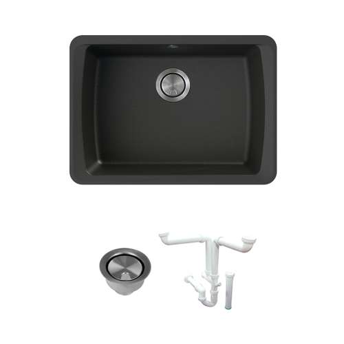 Transolid Genova 25-1/2in Granite Single Bowl Undermount Kitchen Sink with Strainer, Installation Kit