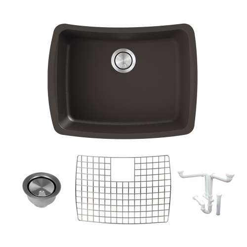 Transolid Genova 25in Granite Single Bowl Undermount Kitchen Sink with Grid, Strainer, Installation Kit