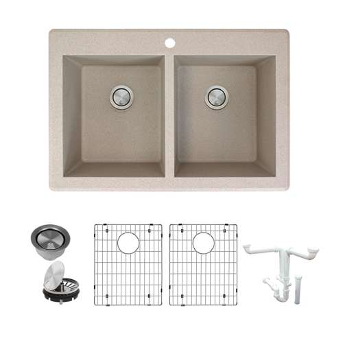 Transolid Radius Granite 33-in Drop-In Kitchen Sink Kit with Grids, Strainers and Drain Installation Kit in Cafe Latte