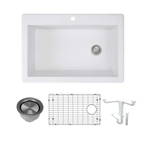 Transolid Radius Granite 33-in Drop-In Kitchen Sink Kit with Grids, Strainers and Drain Installation Kit in White