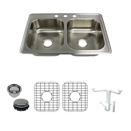 Transolid Select 33in x 22in 22 Gauge Drop-in Double Bowl Kitchen Sink with 3-Holes with Grids, Strainer, Disposer Strainer, Installation Kit