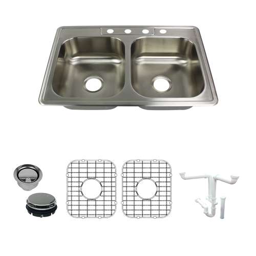 Transolid Select 33in x 22in 22 Gauge Drop-in Double Bowl Kitchen Sink with 4-Hols with Grids, Strainer, Disposer Strainer, Installation Kit