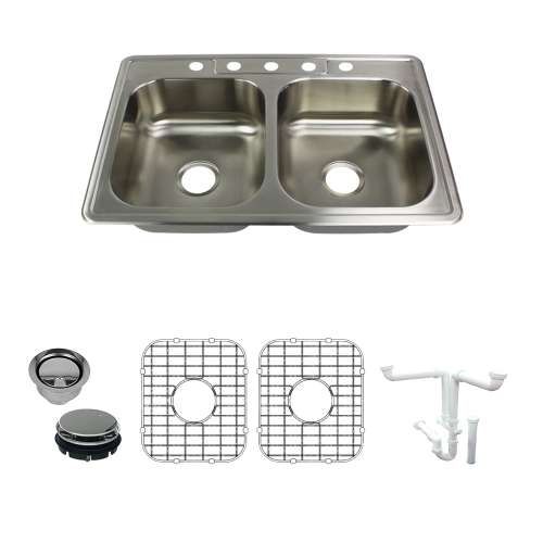 Transolid Select 33in x 22in 22 Gauge Drop-in Double Bowl Kitchen Sink with 5-Holes with Grids, Strainer, Disposer Strainer, Installation Kit