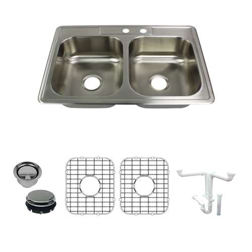 Transolid Select 33in x 22in 22 Gauge Drop-in Double Bowl Kitchen Sink with MR2-Holes with Grids, Strainer, Disposer Strainer, Installation Kit