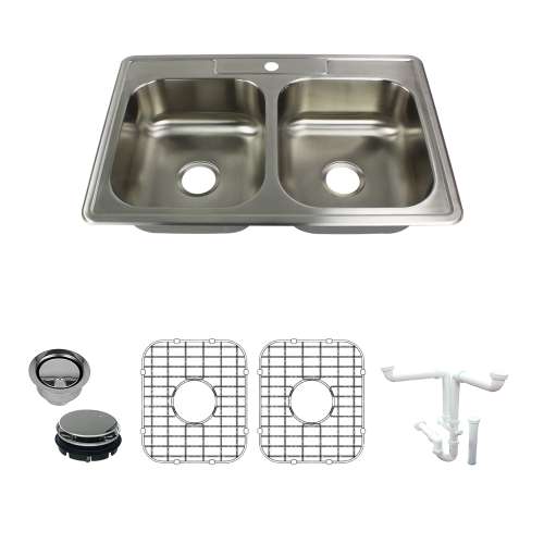 Transolid Select 33in x 22in 20 Gauge Drop-in Double Bowl Kitchen Sink with 1-Hole with Grids, Strainer, Disposer Strainer, Installation Kit