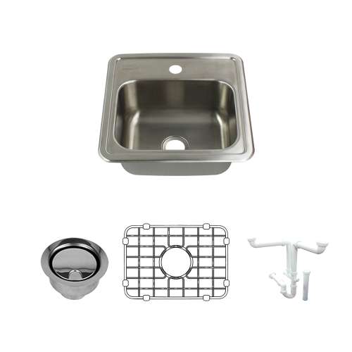 Transolid Select 15in x 15in 20 Gauge Drop-in Single Bowl Kitchen Sink with 1-Hole with Grid, Strainer, Installation Kit