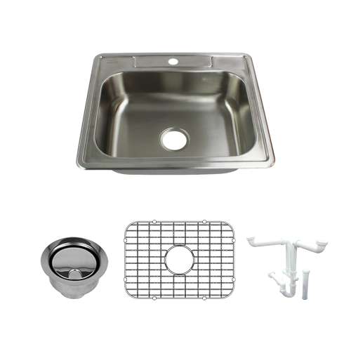 Transolid Select 25in x 22in 20 Gauge Drop-in Single Bowl Kitchen Sink with 1-Hole with Grid, Strainer, Installation Kit