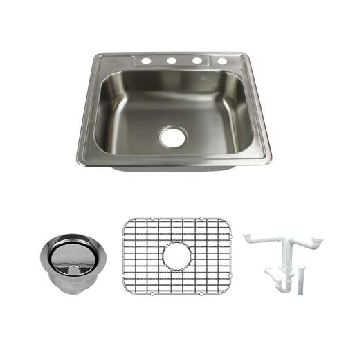 Transolid Select 25in x 22in 20 Gauge Drop-in Single Bowl Kitchen Sink with 4-Holes with Grid, Strainer, Installation Kit