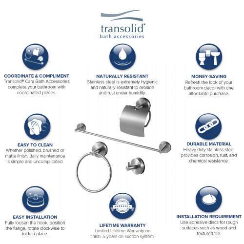 Transolid Cara KA-CAR-4-BS 4-Piece Bathroom Accessory Kit Including a robe hook, a toilet paper holder, a towel ring, and a 24-in towel bar, in Brushed Stainless
