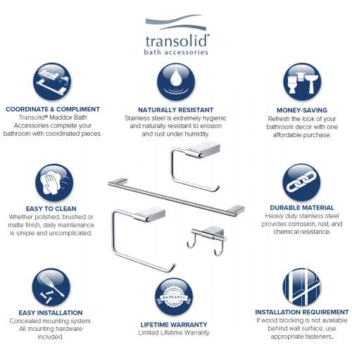 Transolid KA-MDX-4-PC-M Maddox 4-Piece Bathroom Accessory Kit Including a robe hook, a toilet paper holder, a towel ring, and a 24-in towel bar, in Polished Chrome