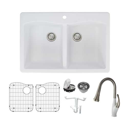 Transolid Aversa Granite 33-in Drop-In Kitchen Sink Kit with Faucet, Grids, Strainers and Drain Installation Kit in White